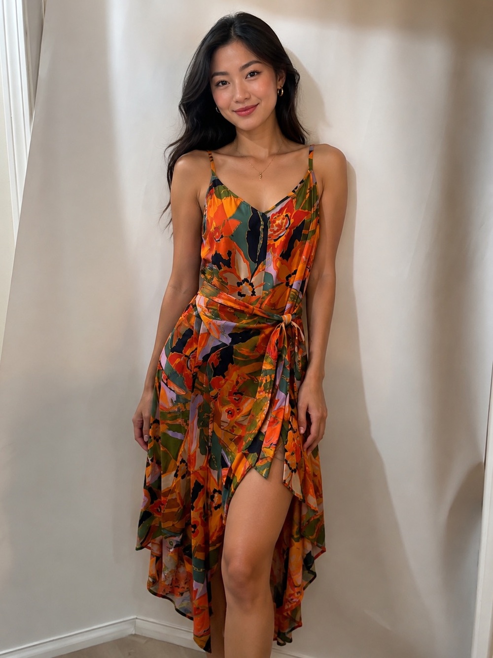 MSK Orange Floral Asymmetrical Slip Dress with Tie Waist